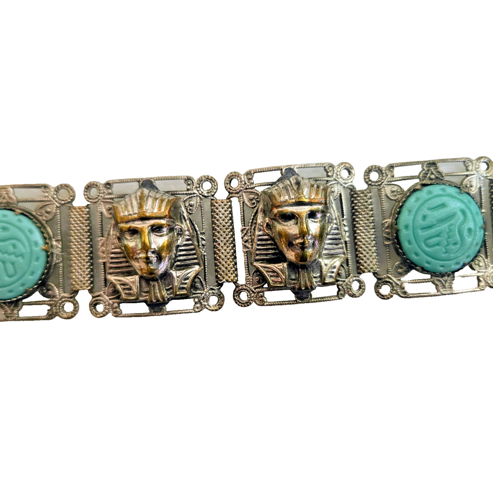 Vintage Egyptian Revival Panel Bracelet Silver Tone Scarabs Pharoah Elephants - Picture 4 of 13